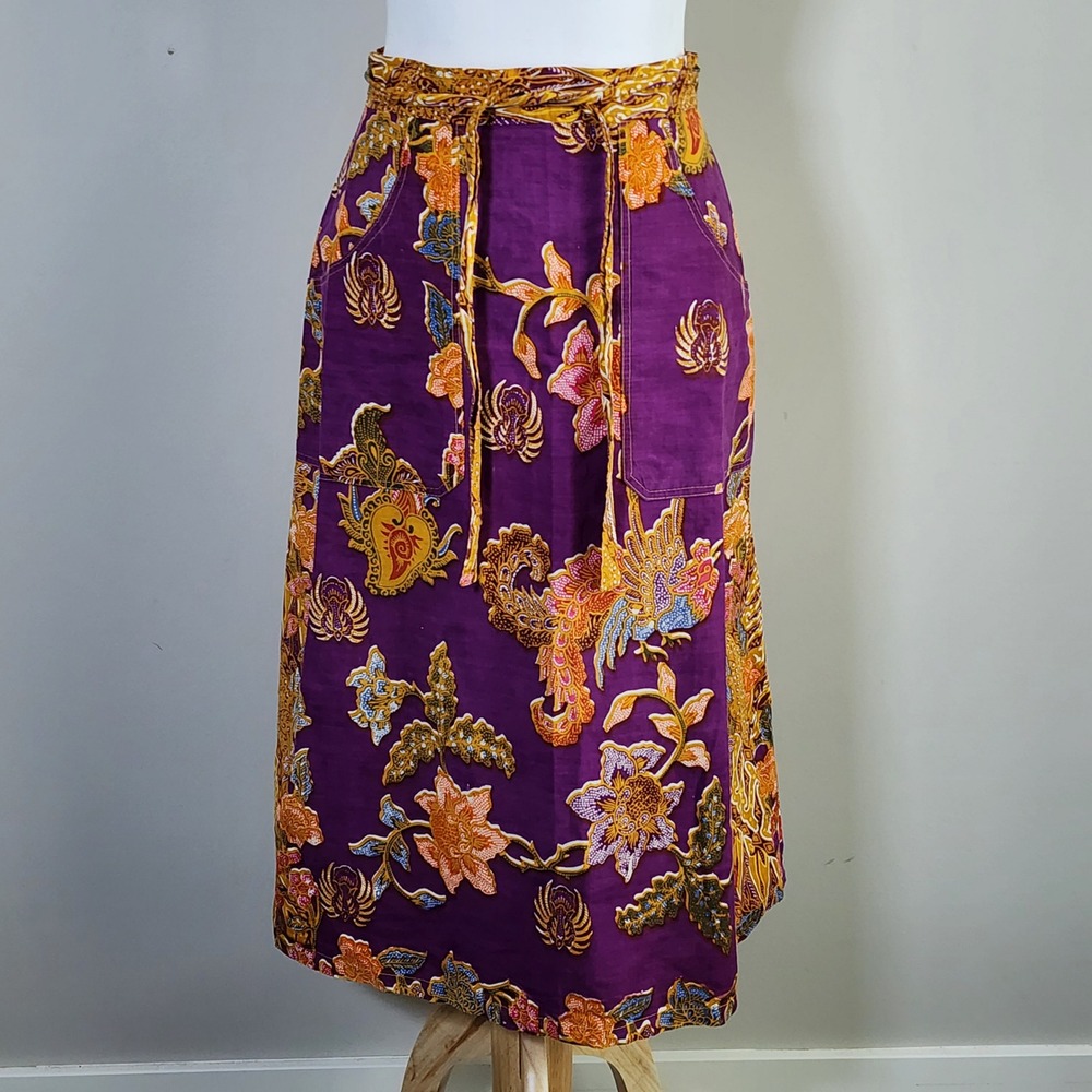 Batik Wrap Skirt Womens M Purple Floral Boho Ethnic Sarong Pockets Travel Beach